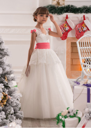 V Neck Ivory Lace Tulle Flower Girl Dress With Coral Bows